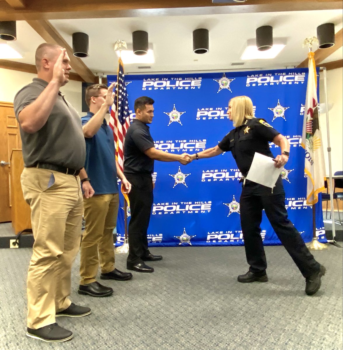 LITHPolice's tweet photo. We are so excited to announce that we have sworn in THREE new police officers to the team here at #LITHPD. Please help us in welcoming Officers Parlberg, Cross, and Meza to the Police Department and the Village of #LakeintheHills! #Congratulations and #welcome! @lith60156 https://t.co/NOWv3w15By
