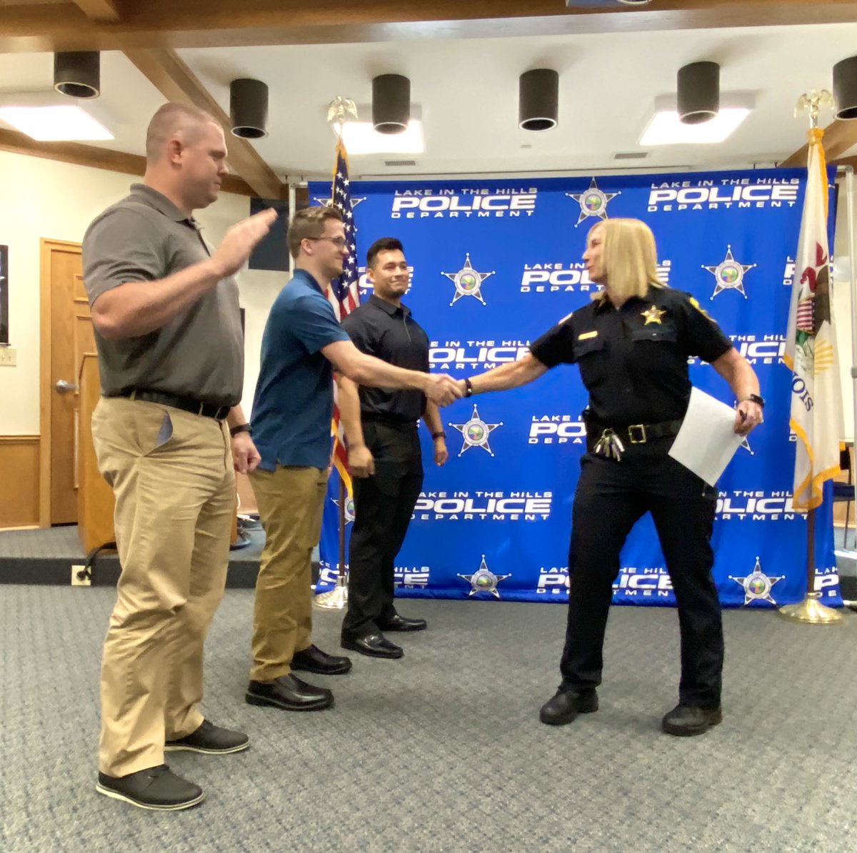 LITHPolice's tweet photo. We are so excited to announce that we have sworn in THREE new police officers to the team here at #LITHPD. Please help us in welcoming Officers Parlberg, Cross, and Meza to the Police Department and the Village of #LakeintheHills! #Congratulations and #welcome! @lith60156 https://t.co/NOWv3w15By