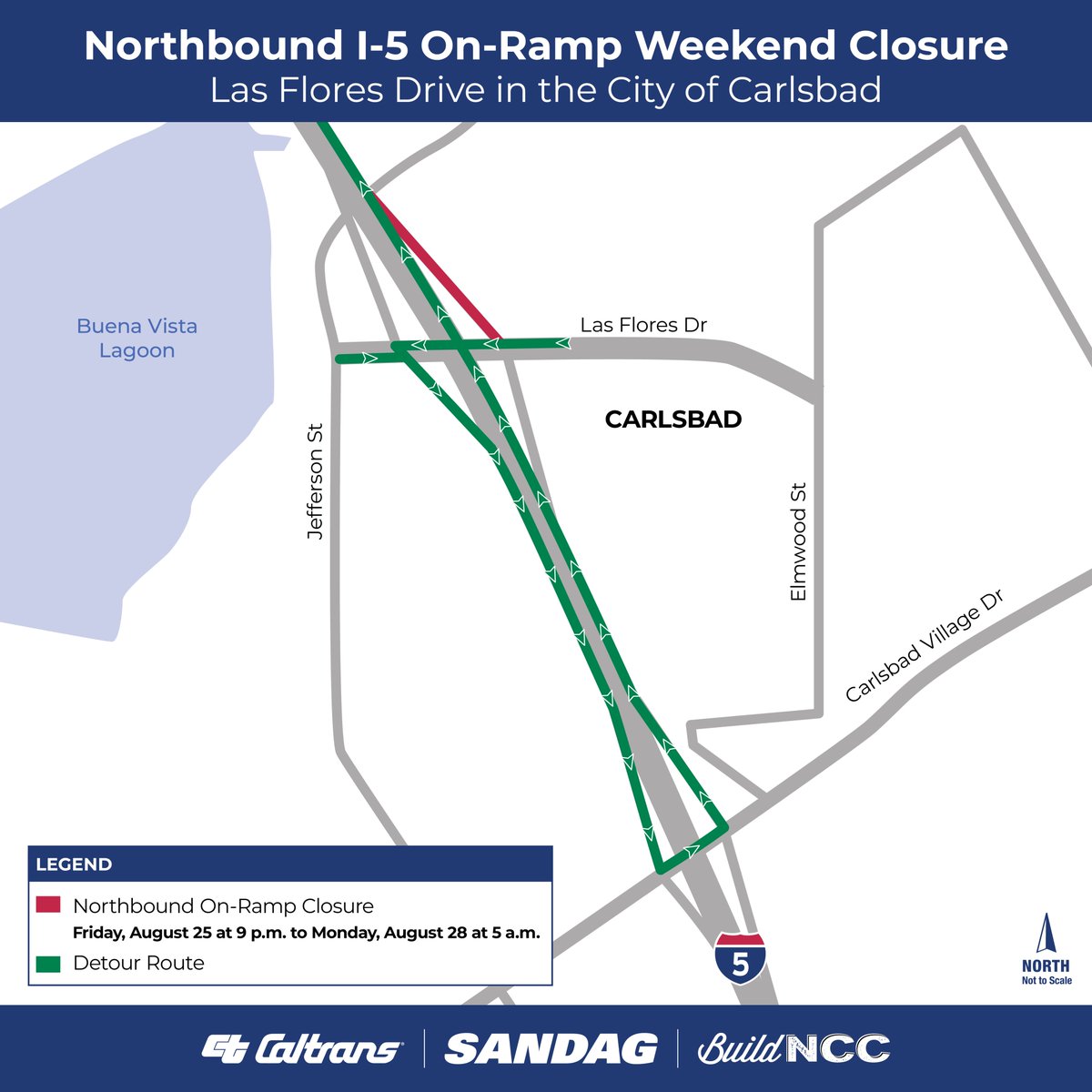 SDCaltrans's tweet photo. ๐ง Caltrans and @SANDAG #BuildNCC crews will close the Las Flores NB I-5 on-ramp on 8/25 at 9pm - 5am on 8/28, in @CarlsbadCAGov. Crews will also close the EB SR 78 connector from I-5 on 8/25 from 9pm - 8/26 5am and 8/27 at 9pm to 8/28 5am. https://t.co/XMCuRBuCA7