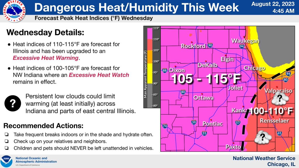 According to the National Weather Service of Chicago, our area will be under an Excessive Heat Warning on Wednesday, Aug 23, and an Excessive Heat Watch on Thursday, Aug 24. Please consider taking frequent breaks indoors and checking in on neighbors and relatives.
