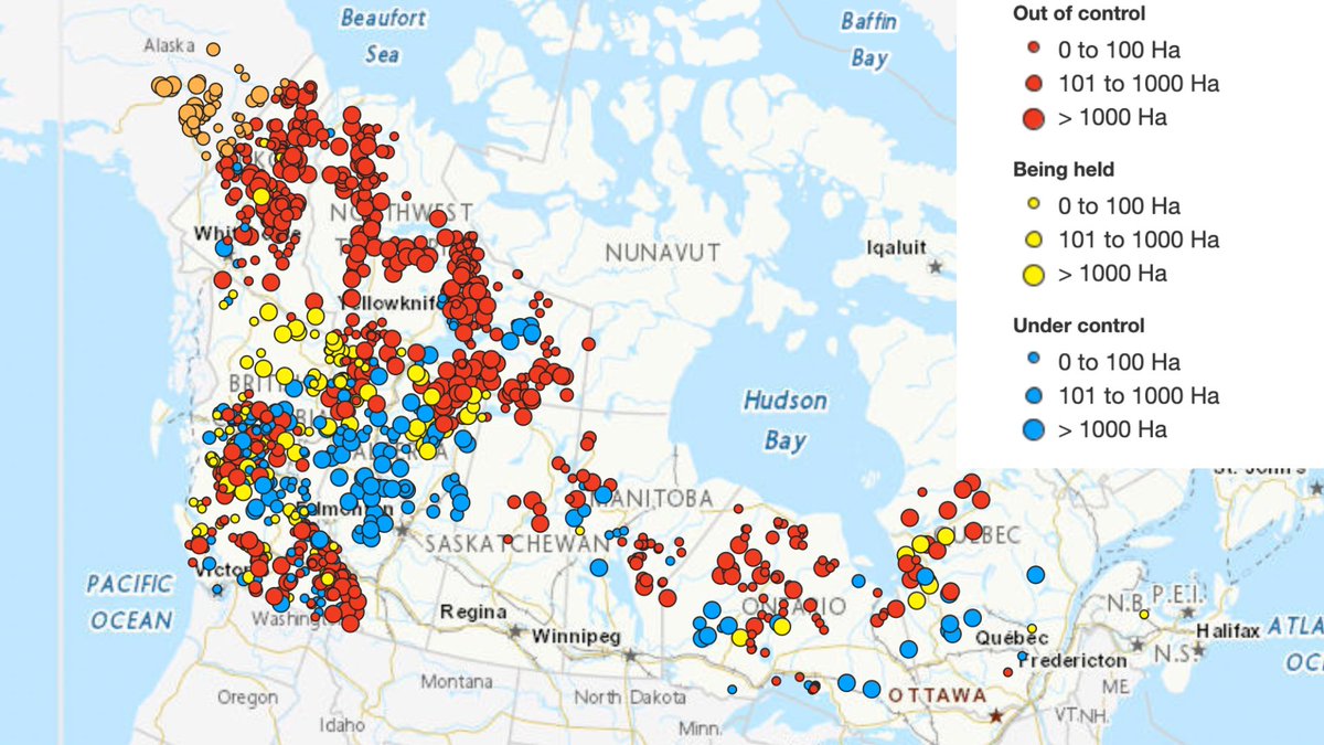 EVYSTADIUM's tweet photo. this map shows how many wildfires are raging in canada today. red indicates wildfires that are “out of control.” but as emergency evacuations get underway, canadians aren’t able to access ANY news on meta platforms like facebook and instagram https://t.co/j2d3g40cYO