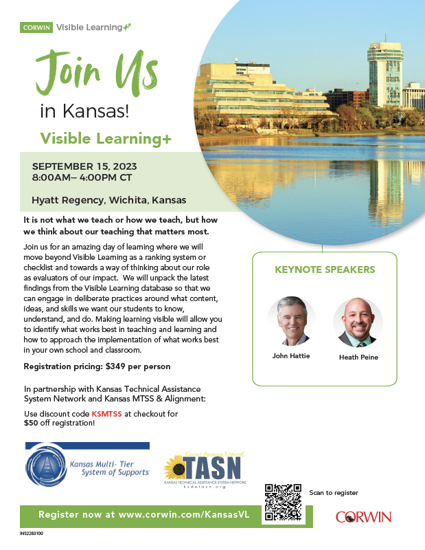 ksmtss's tweet photo. Join us Sept. 15th for another day of learning lead by Dr. John Hattie and our very own Kansas grown, @HeathPeine!  It's sure to be a spectacular day as we continue leaning into making an impact on student achievement &amp; success!   @CorwinPress @ksmtss @ksdehq @kln_ks @KSDETASN https://t.co/x6hRVikViZ