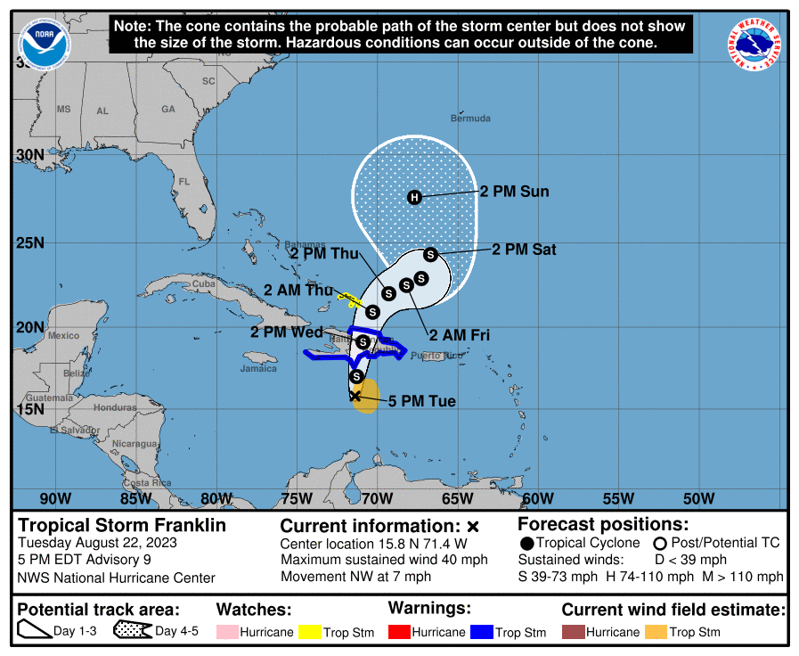 AGERCA1's tweet photo. Selon @uhmhaiti tanpèt twopikal #Franklin 🌀 kapab kòmanse touche 🌦️🌧️☔️⛈️ zòn #Sid peyi a aswè a epi monte nan Nò.
Li tout bilten meteyo an la : https://t.co/FCwKhvpydM
#AGERCA #DanjeApouNouTout #Ayiti #VijilansJòn #SezonSiklonik2023 https://t.co/JJFg5mzb3W