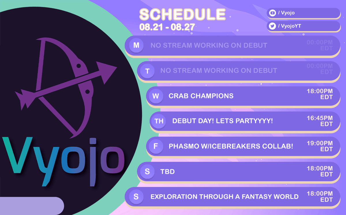 VyojoYT's tweet image. This Weeks Schedule!

Debut
Live 2D!
First ever Collab! w/@iomygosh, @ruamamiya and our lovely host @CalaMarinaVT
Fantasy and more! 🦀

Come join the fun Gremlins!!!!

#Vtuber #pngtuber #Collab #Vtuberdebut #Vtuberreveal #vtuberuprising