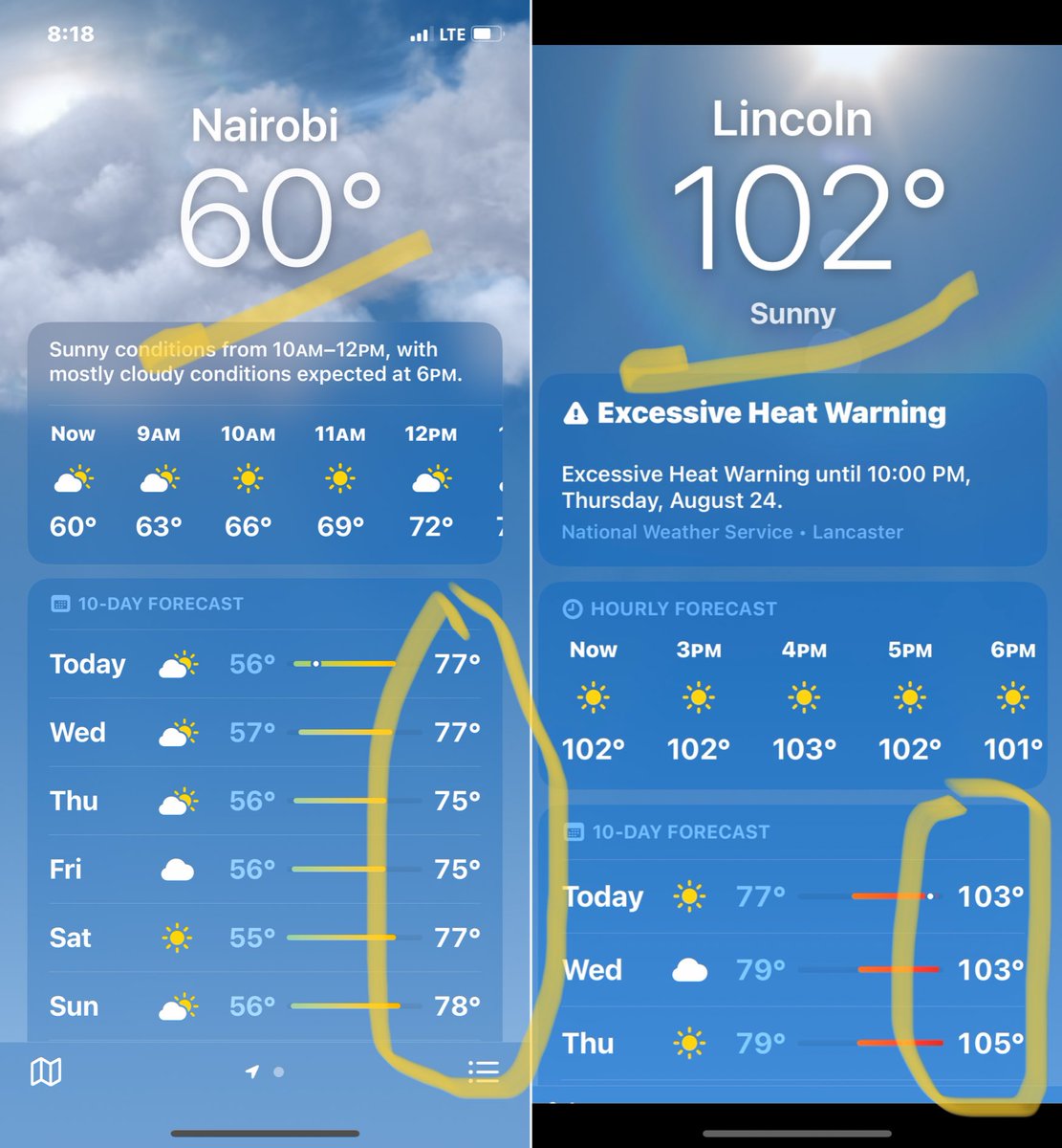 danekiambi's tweet photo. Embracing the heatwave: From Nairobi’s cool comfort to North America’s sizzling summer! #weathercontrast #heat #summer2023. https://t.co/J7CFFrSL9P
