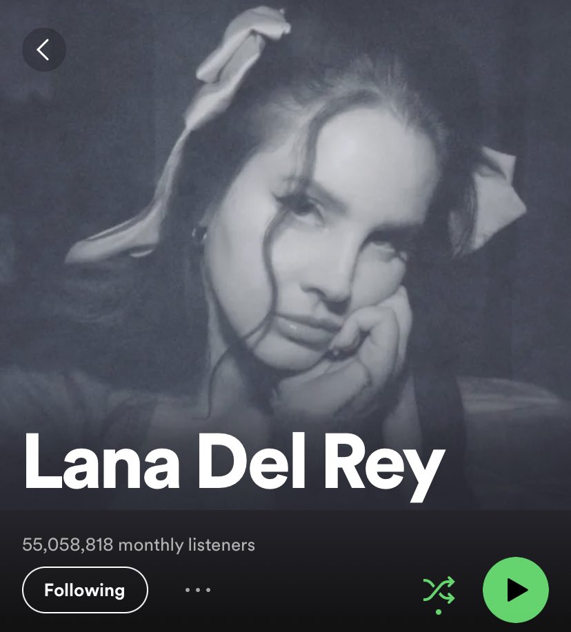 chartlana's tweet photo. Lana Del Rey has now reached 55 MILLION monthly listeners on Spotify for the second time in her career. https://t.co/Y507eng131