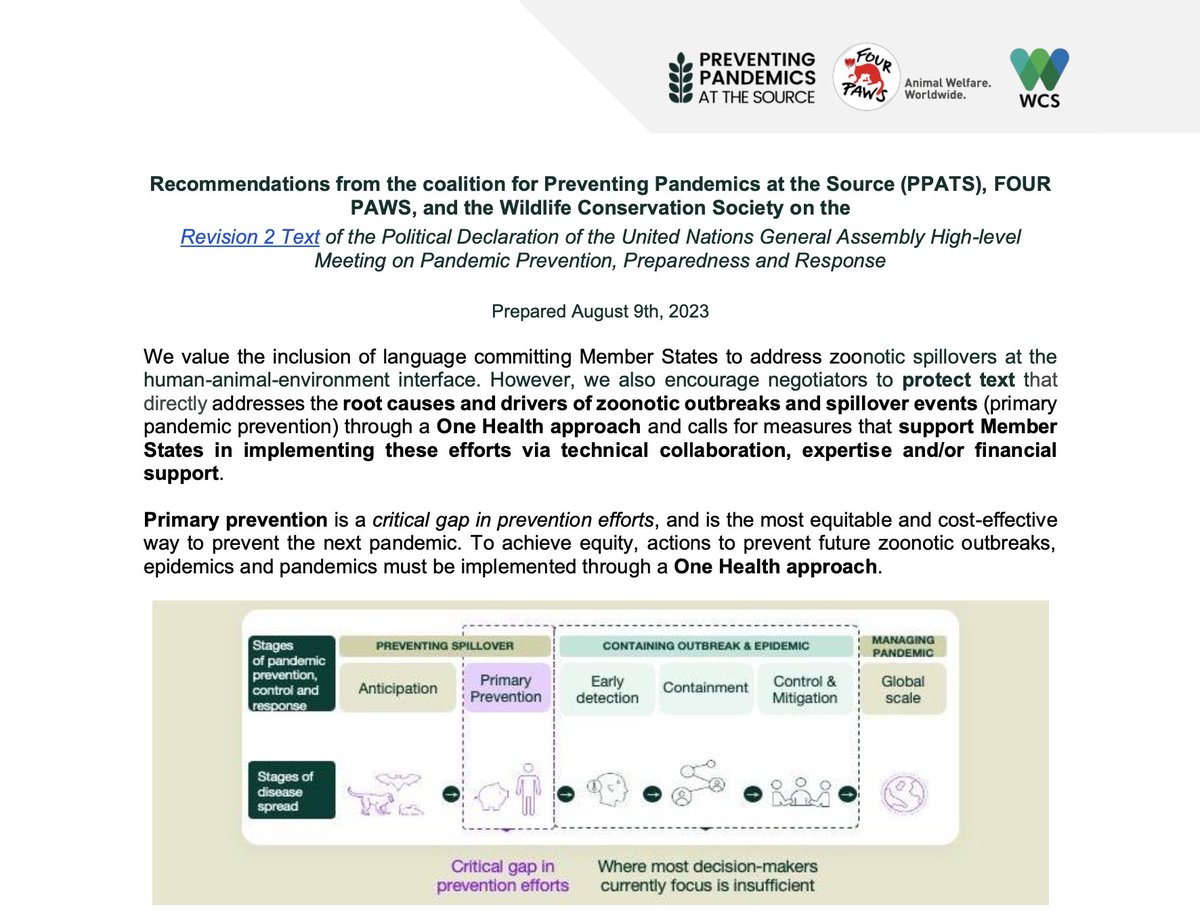 In response to the Revision 2 text, the PPATS coalition, @TheWCS, @fourpawsint, and signatories call on member states to safeguard language addressing primary prevention and One Health in the Political Declaration of the UNGA High-level Meeting on PPPR. preventingfuturepandemics.org/_files/ugd/b89…