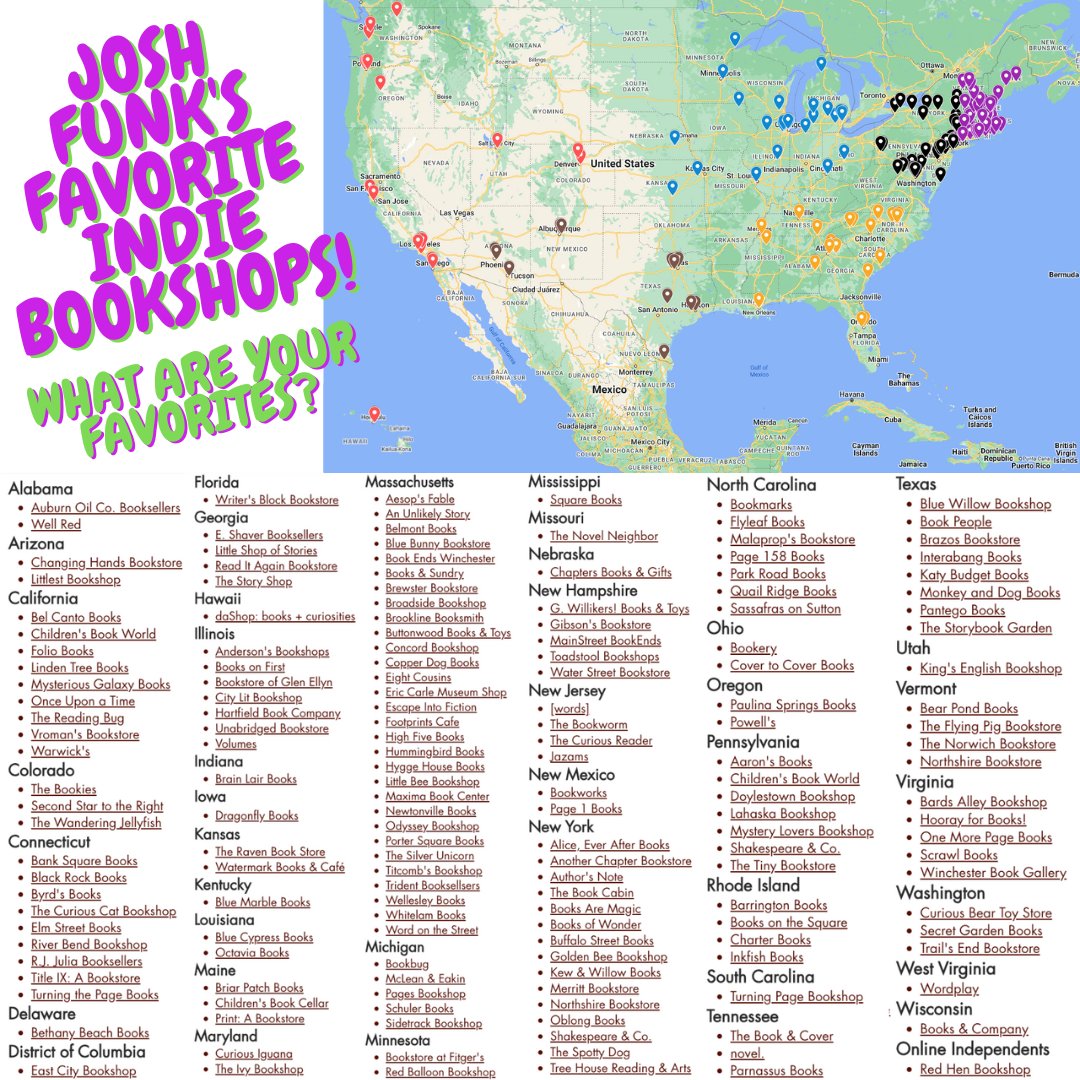What are your favorite @indiebound bookshops? Here's a map of a few (dozen) I've connected with over the years & highly recommend: joshfunkbooks.com/indiebound including @changinghands @lilshopostories @novelneighbor @BlueBunnyBooks @FlyleafBooks @BookPeople @authorsnoteshop & more!