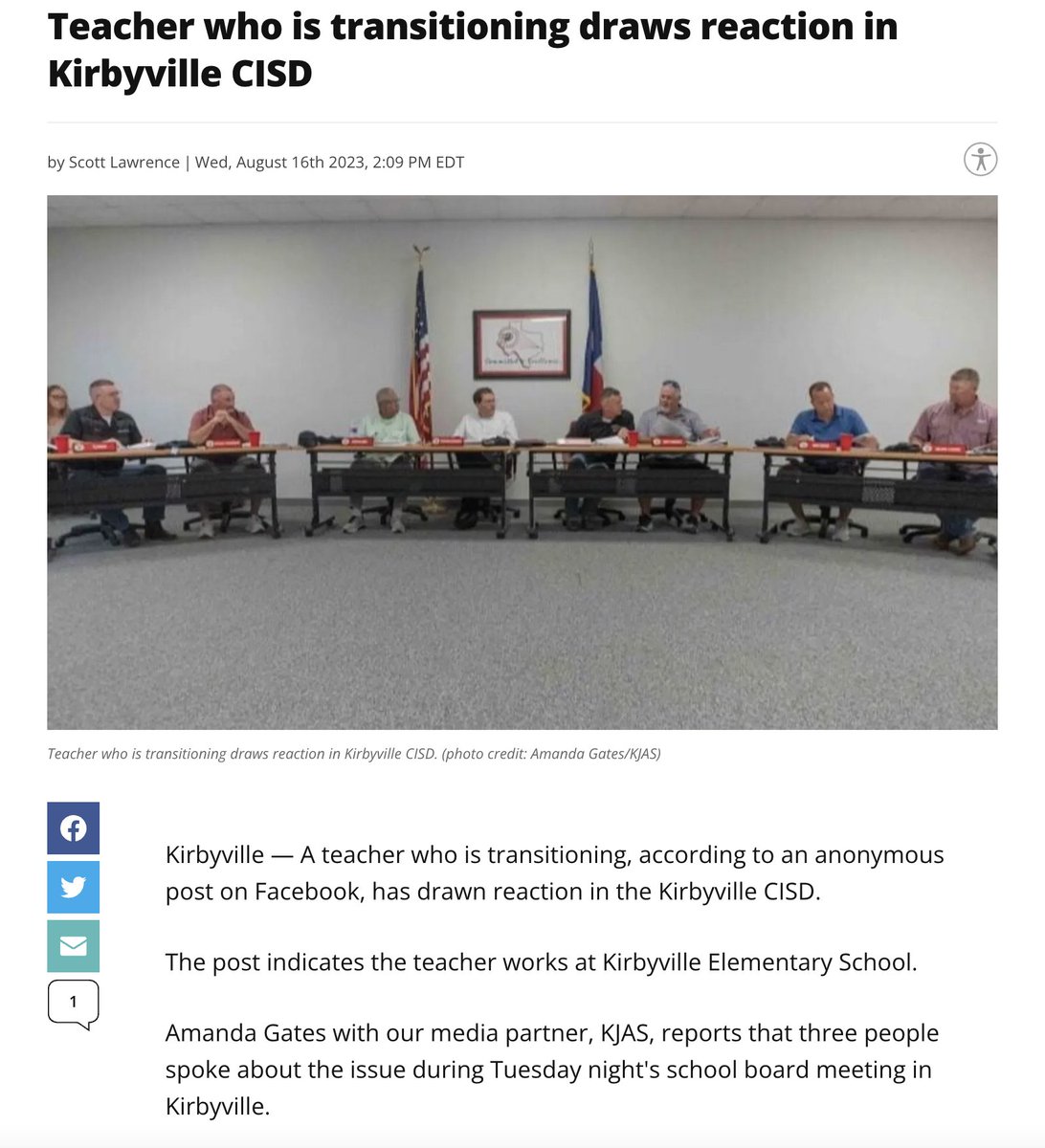 ErinInTheMorn's tweet photo. We have reached the point in the anti-trans campaign in this country where a teacher literally just transitioning is enough to possibly get them fired.

This is what is happening in Kirbyville, TX as we speak. https://t.co/8Yu31QsVml