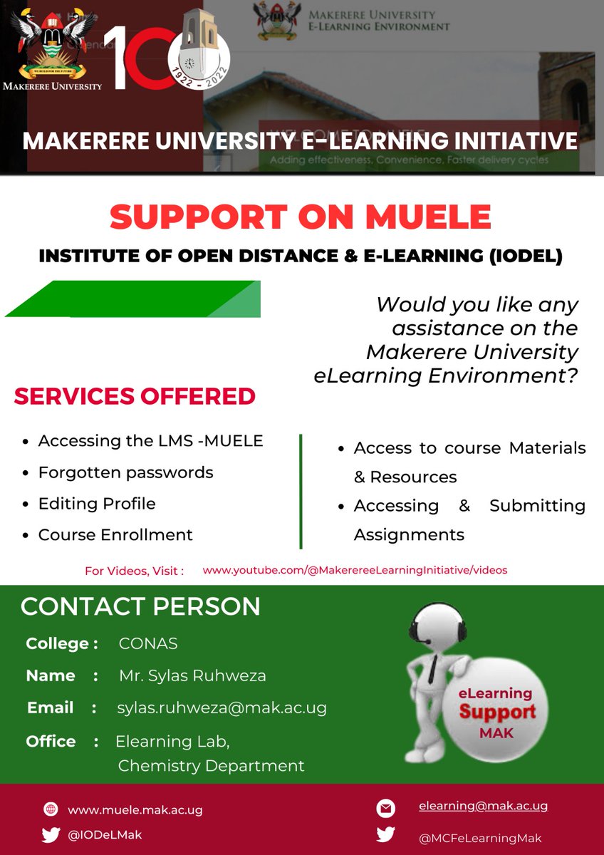 RuhwezaSylas's tweet photo. Dear @MakCoNAS Fresh Men and Women!
Welcome to the heart of  @Makerere.
Should you need any assistance on MUELE(Makerere University Elearning Environment), DM or email me for a seamless elearning experience.
𝐎𝐟𝐟𝐢𝐜𝐞:College ELearning Lab,Department of Chemistry https://t.co/9HcmFC7bz9