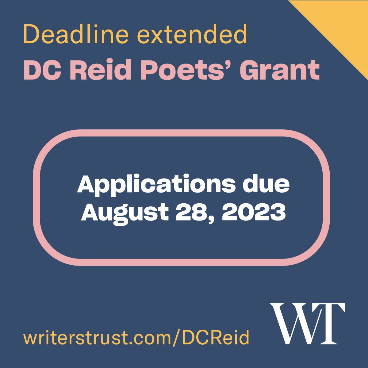 EXTENDED DEADLINE: DC Reid Poets' Grant, from @writerstrust | The DC Reid Poets’ Grant will anonymously deliver grants of $5,000 to poets of modest means to help fund their writing. Apply today: writerstrust.com/programs/dc-re…