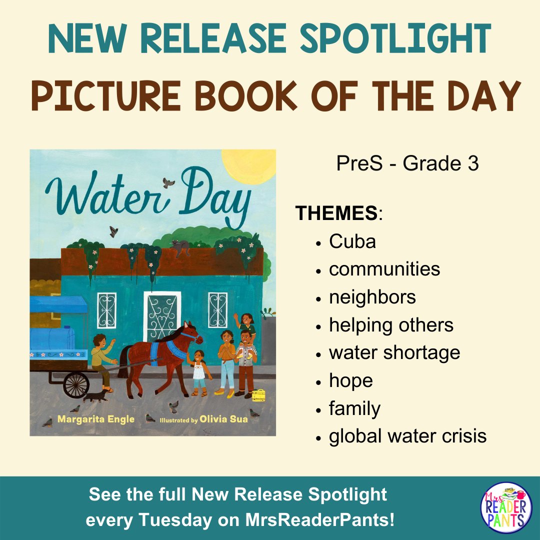 Tuesday's Picture Book of the Day is Water Day by Margarita Engle!

This picture book set in Cuba is about a neighborhood that literally has no water. They wait for water delivery every few days.

See this week's entire New Release Spotlight:

bit.ly/45g0K9C

#tlchat