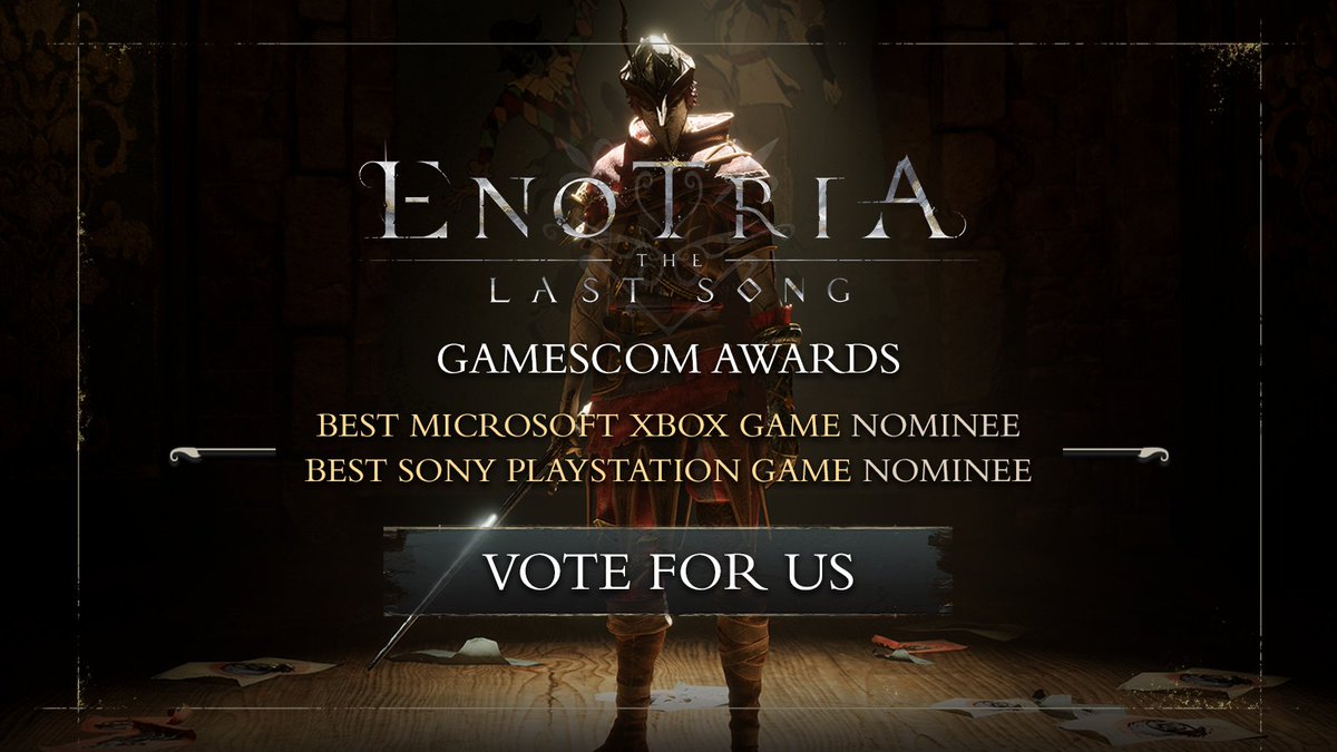 enotriagame's tweet photo. 📢 Great news, Maskless Ones! 🎭 
Enotria: The Last Song has been nominated in 2 categories for the @gamescom  Award 2023:
- Best Microsoft Xbox Game 
- Best Sony PlayStation Game

🔥🙏Vote for us for a chance to win ➡️ https://t.co/720gQR7EH7

#gamescom2023  #enotriathelastsong https://t.co/LvtFWkLhbC