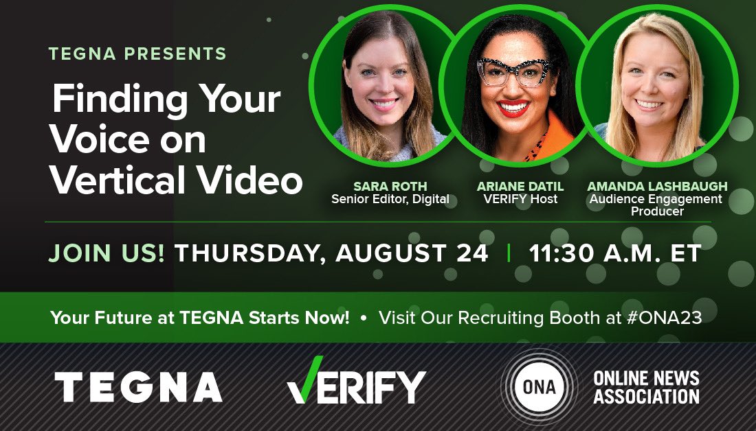 Going to #ONA23? Check us out Thursday <a href="/AmandaLashbaugh/">Amanda Lashbaugh</a> <a href="/arianedatil/">Ariane Datil</a> #teamtegna