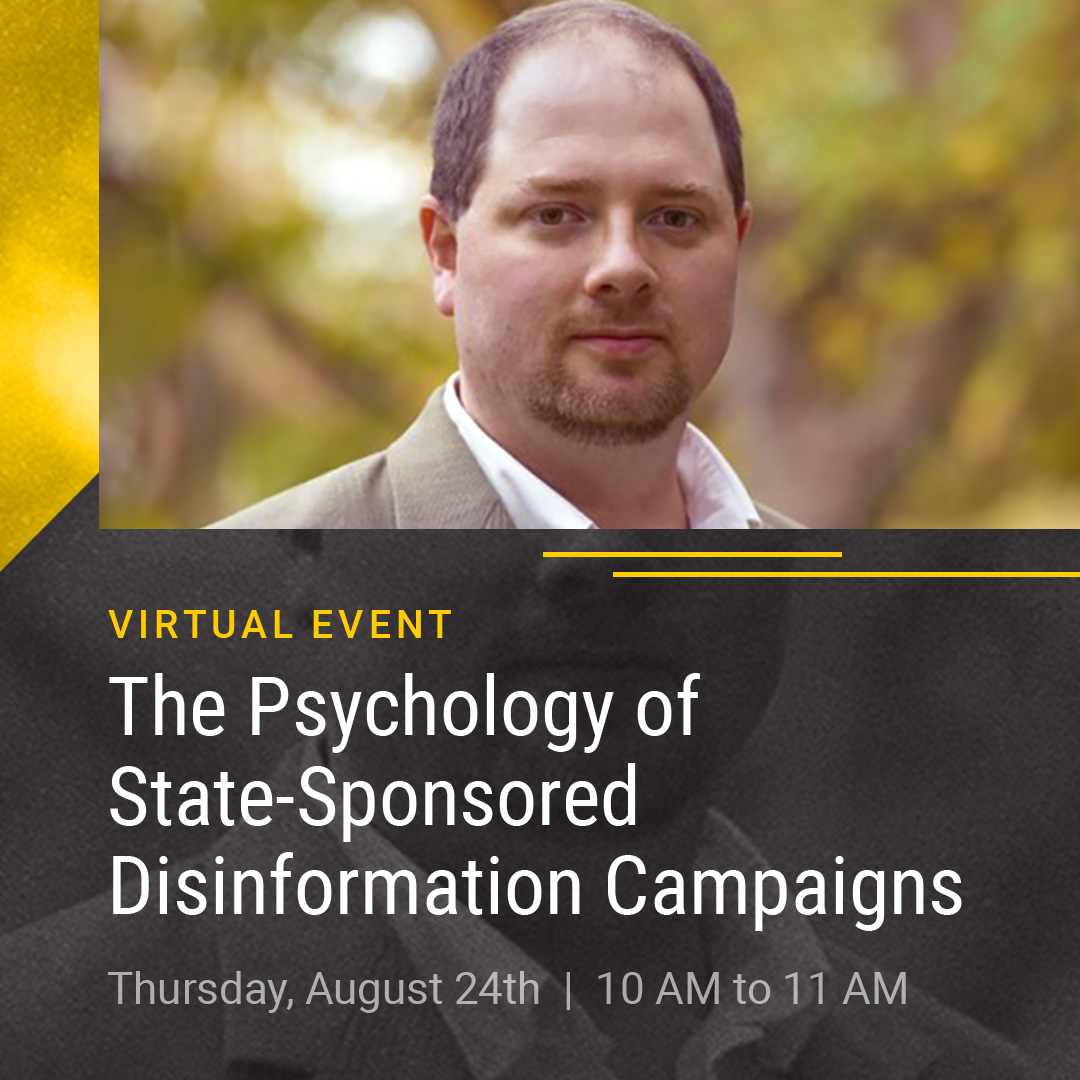 PublicDiplomacy's tweet photo. Join us Thursday, 10am PT, for a virtual conversation with CPD Faculty Fellow Erik Nisbet about state-sponsored disinformation campaigns, including guidance for public diplomacy practitioners aiming to mitigate the influence.  Register at https://t.co/H6YdDquB5v https://t.co/hTlCikBu22