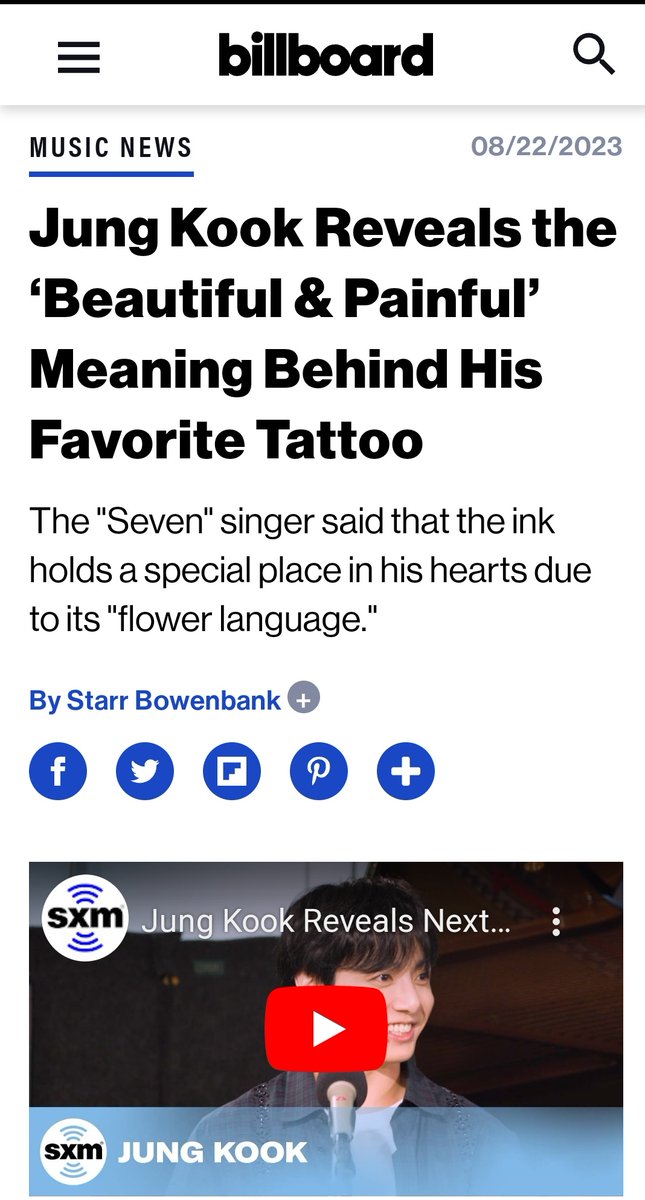 📰 Jung Kook em entrevista para SiriusMX comenta sobre sua tatuagem favorita.

Quando o apresentador Michael Tam perguntou se ele tinha uma favorita entre suas muitas tatuagens, Jung Kook imediatamente se referiu a uma em seu antebraço direito de uma flor de tigre. 

🐰: Gosto…