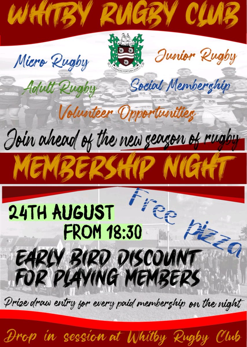 WhitbyRugbyClub's tweet photo. Come and Try rugby or volunteer. Free pizza and discount on membership this Thursday. All Welcome. @fyb_rugby @CandCSport @RFU @yorkshire_rfu https://t.co/moUdIITuBV