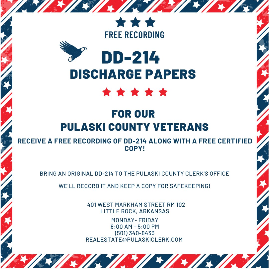 PulaskiClerk's tweet photo. 💡💡TIP TUESDAY! If you are a veteran with your DD-214 discharge papers, consider filing a copy with us in the Real Estate dept. It's 🆓to file and we will keep it for safekeeping. 😇😇
#veterans #dd214 #Freefiling #pulaskiar https://t.co/PGFXcR6ynq