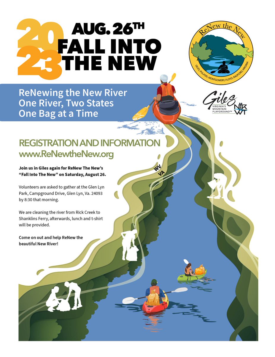 @RenewTheNew is happening on Sat, Aug 26th! Register to participate in this huge community river cleanup online renewthenew.org #VAOutdoors #GilesCoVA #VisitNRV