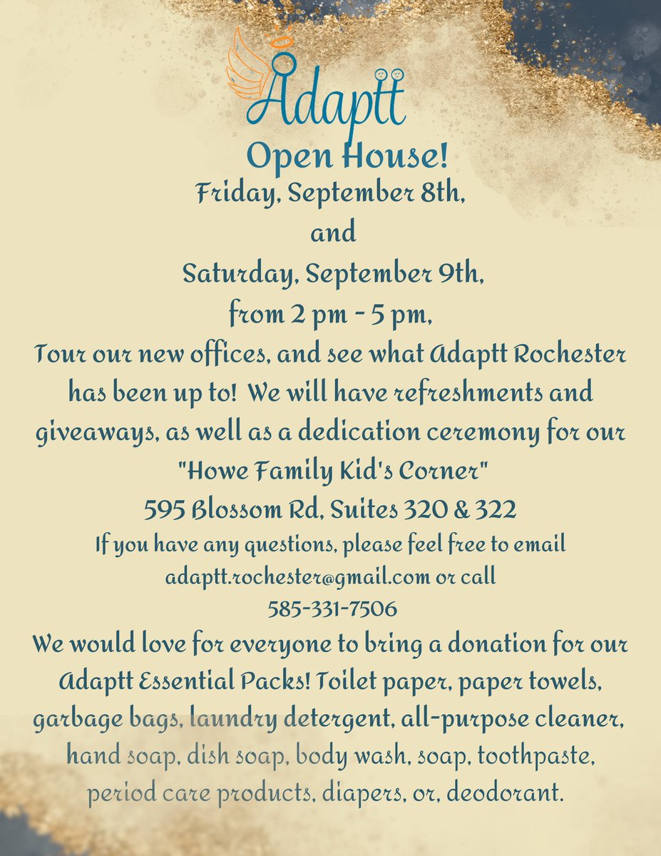 Hey all! Don't forget, our open house is September 8th and 9th 2-5pm.

Help us fill our pantry!

We hope to see you all there!!

595 Blossom Rd
Suite 320
Rochester NY 14610

#adapttrochester #openhouse #comeseeus
