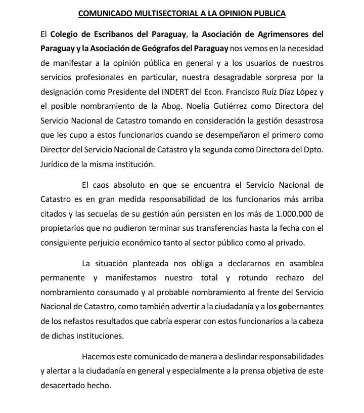 Con ruego de difusión compartimos este Comunicado multisectorial del 
<a href="/ColegioParaguay/">Colegio de Escribanos del Paraguay</a> y la Asociación de Agrimensores del Paraguay y nuestra Asociación sobre las desacertadas designaciones para el <a href="/IndertPy/">INDERT Paraguay</a>

<a href="/ABCDigital/">ABC Digital</a> <a href="/UltimaHoracom/">Última Hora</a> <a href="/C9NParaguay/">C9N Paraguay</a> @LaUnionAM