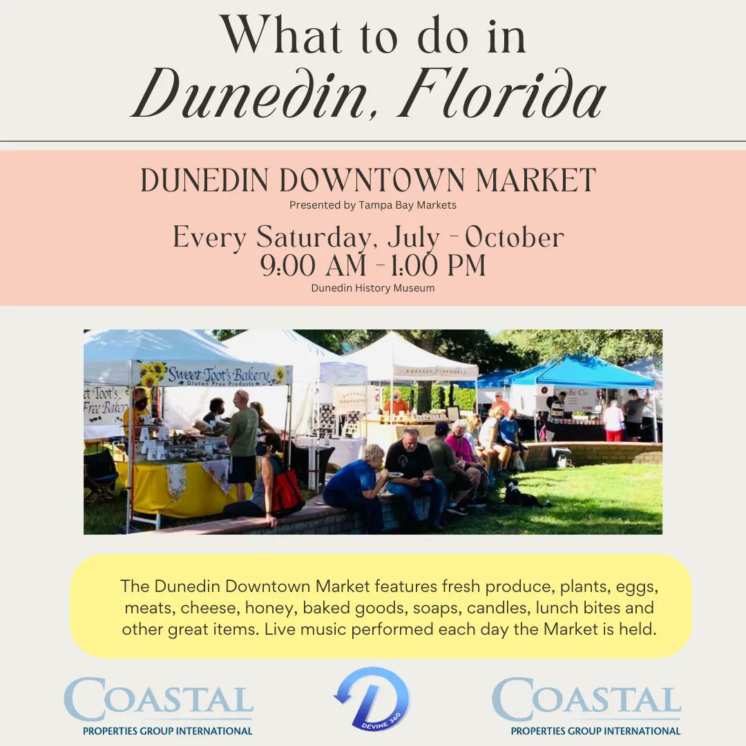 devine360team's tweet photo. Dunedin Downtown Market is here every Saturday until October! Head over to the Dunedin History Museum on Saturdays from 9:00 AM to 1:00 PM to find Live Music, Fresh Produce, Plants and so many other great items!

#DowntownDunedin #DunedinDowntownMarket #TheDeVine360Team https://t.co/Y8JiX40ByX