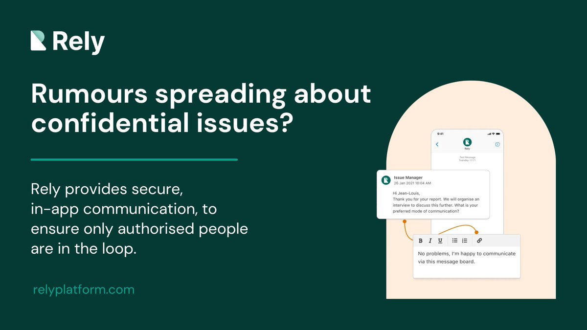 Office rumours about workplace investigations can spread like wildfire. Rely's secure, in-app communications help you maintain confidentiality and keep only those who need to know in the loop. #workplaceinvestigations #privacy #security