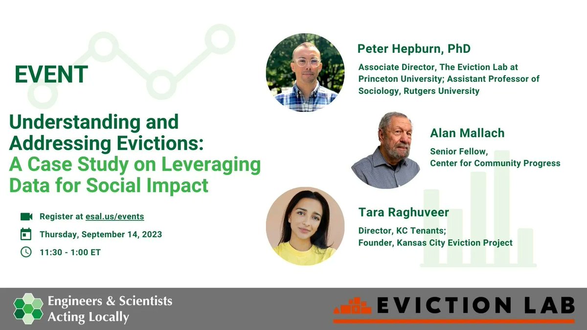 Eng&SciActLocally (@esal_us) on Twitter photo Register now for our upcoming event on leveraging data for social impact, co-hosted with The Princeton Eviction Lab (<a href="/evictionlab/">Eviction Lab</a>) on Thurs Sept 14th, 11:30am-1:00pm ET. With <a href="/ps_hepburn/">Peter Hepburn</a>, <a href="/taraghuveer/">Tara Raghuveer</a>, #AlanMallach. bit.ly/3OKb8zq Register now for our upcoming event on leveraging data for social impact, co-hosted with The Princeton Eviction Lab (<a href="/evictionlab/">Eviction Lab</a>) on Thurs Sept 14th, 11:30am-1:00pm ET. With <a href="/ps_hepburn/">Peter Hepburn</a>, <a href="/taraghuveer/">Tara Raghuveer</a>, #AlanMallach. bit.ly/3OKb8zq