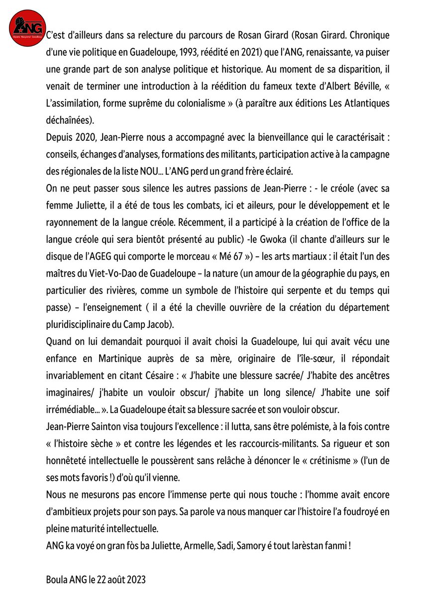 GLORIYÉ JANPYÈ SAINTON | Jean-Pierre nous a accompagné avec la bienveillance qui le caractérisait : conseils, formations des militants, participation active à la campagne  de la liste NOU… L’ANG perd un grand frère éclairé.

Nou ka voyé on gran fòs ba tout fanmi a Janpyè !