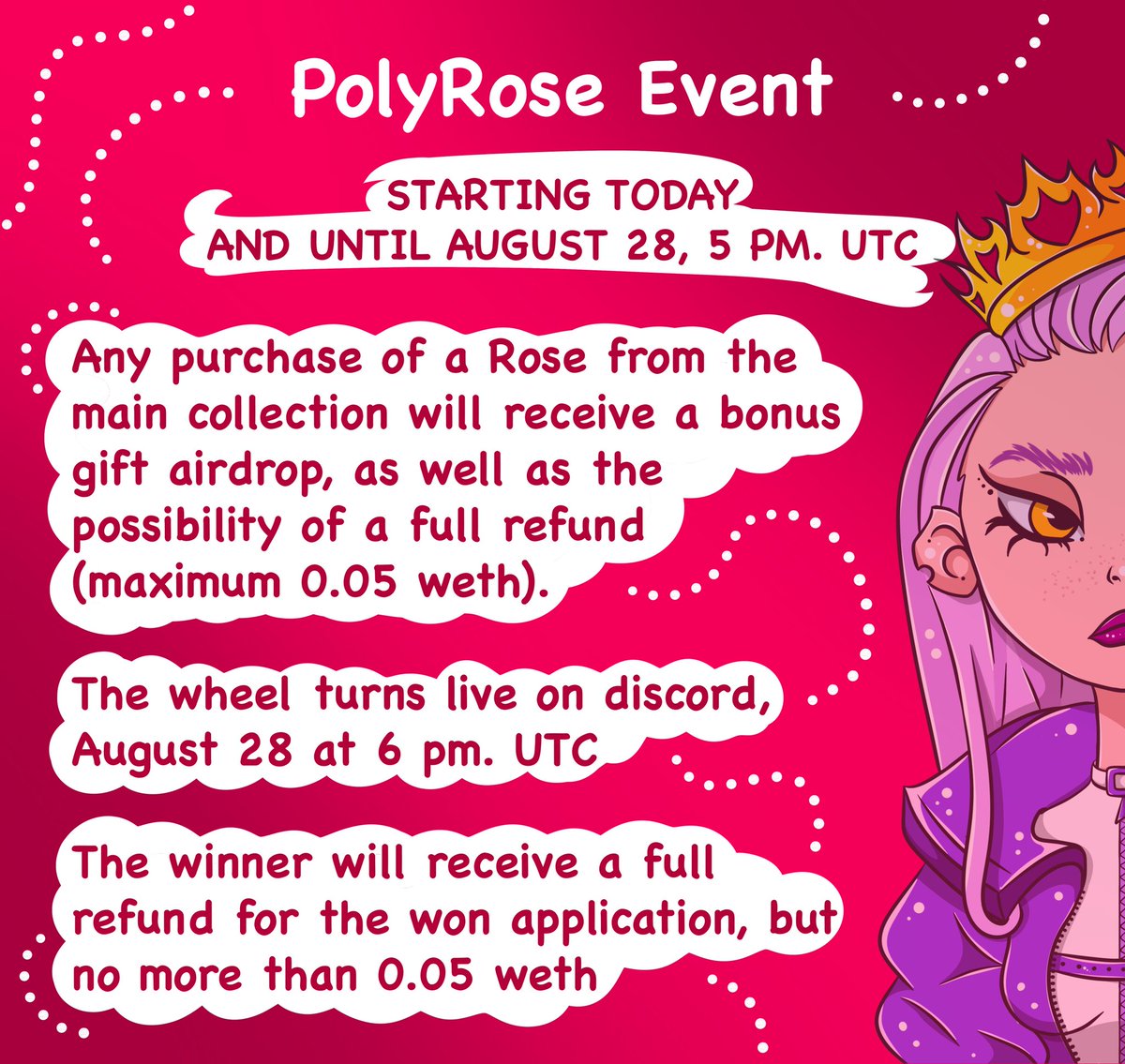 💖 Celebrate the end of summer? 💖

🔥Secondary Event at the 
<a href="/PolyRoseNFT/">PolyRose</a>
August 23-August 28

🌹Prize - Full refund
🌹AirDrop to all participants

🔥Each purchase will additionally take part in the Raffle on September 5🔥

Try double luck 💜🤗

opensea.io/collection/pol…

Rules 👇