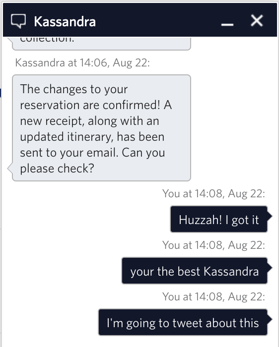 dexterjules's tweet photo. Hey @Delta, whoever Kassandra is (reservation specialist) in this chat, deserves a raise for great customer service. The whole system is a win, I usually have awful experiences with airlines, but this was great. https://t.co/XBS29LdyHq