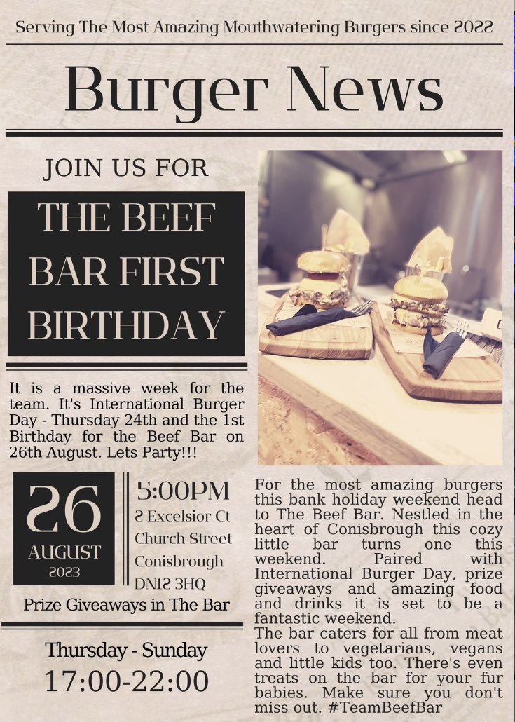 Hey! This Thursday is #InternationalBurgerDay and Saturday is our first birthday! Come and celebrate with us. Lots of prizes and a 4 day party.  @BusinessinDN @VisitDoncaster @MayorRos @DonnyFreePress #Conisbrough #Burger #DoncasterIsGreat #Birthday #BurgerDay