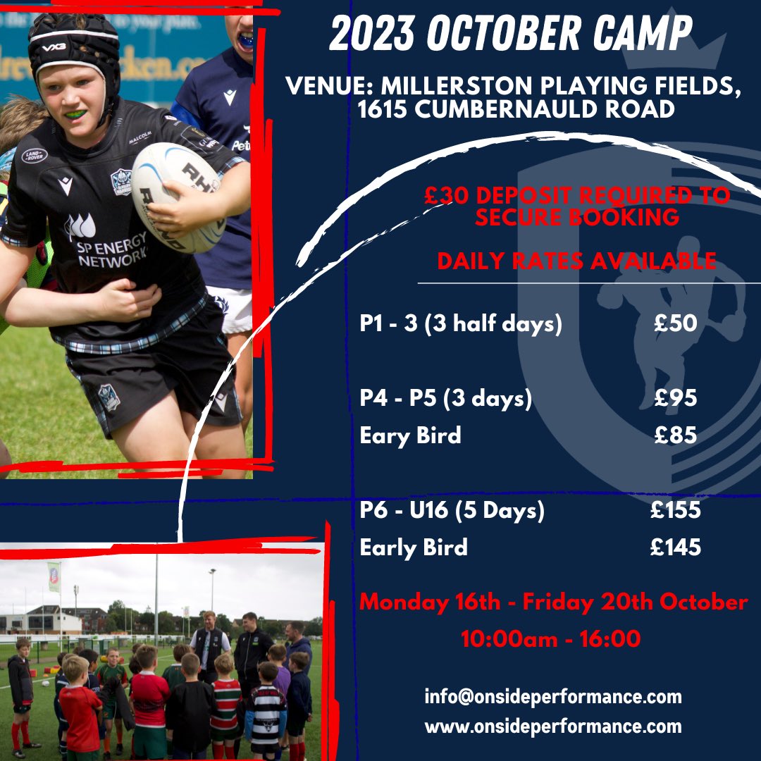 OnsidePerform's tweet photo. October Camp 📣

📍 Millerston Playing Fields
📅 Mon 16th - Fri 20th October
⏰ 10:00 - 16:00

ℹ️ Early Bird offer ends Monday 25th September

📧 info@onsideperformance.com

Get in touch to secure your place this October

#GetOnside #OnsideRugby #octobercamp #october #rugby https://t.co/kQa8wN2P1g