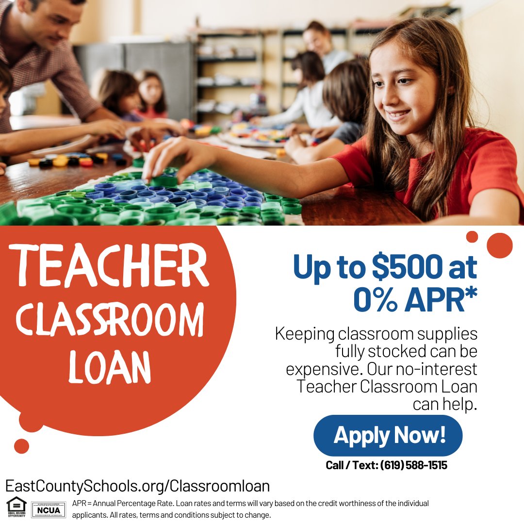 Hey Teachers! Welcome Back! As the year progresses you may find yourself needing school supplies for fun & educational activities, except your on a budget. #ECSFCU has the perfect solution! Apply for our Teacher Classroom Loan! EastCountySchools.org/Classroomloan