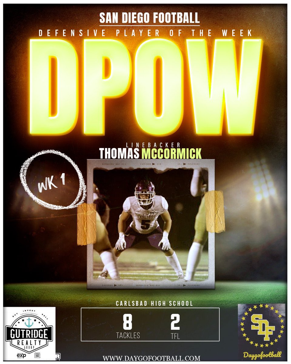 San Diego Football (@daygofootball) on Twitter photo Defensive Player of the Week brought to you by Gutridge Realty <a href="/aarongutridge/">Aaron Gutridge</a> , This week Carlsbad LB Thomas McCormick is the winner he had 8 Tackles and 2 TFL’s in a big defensive effort from Carlsbad holding an explosive Inglewood team to 6 points . <a href="/Cbad_Football/">Carlsbad HS Football</a> <a href="/paul_publico/">Paul Publico</a> Defensive Player of the Week brought to you by Gutridge Realty <a href="/aarongutridge/">Aaron Gutridge</a> , This week Carlsbad LB Thomas McCormick is the winner he had 8 Tackles and 2 TFL’s in a big defensive effort from Carlsbad holding an explosive Inglewood team to 6 points . <a href="/Cbad_Football/">Carlsbad HS Football</a> <a href="/paul_publico/">Paul Publico</a>