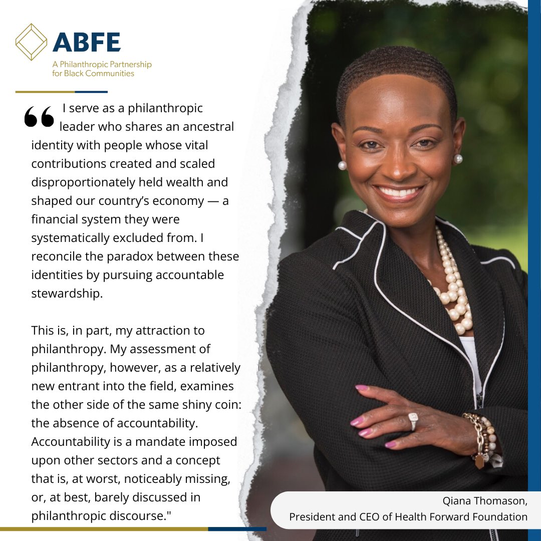 ABFE's tweet photo. #ABFEintheNews: As we celebrate Black Philanthropy Month, dive into this thought-provoking article by ABFE member, President &amp; CEO of @HealthForwardKC, Qiana Thomason, on the crossroads of accountability in philanthropy.
 
Read the full article: https://t.co/6Br6hPtgpp https://t.co/R4DDvBRCNx
