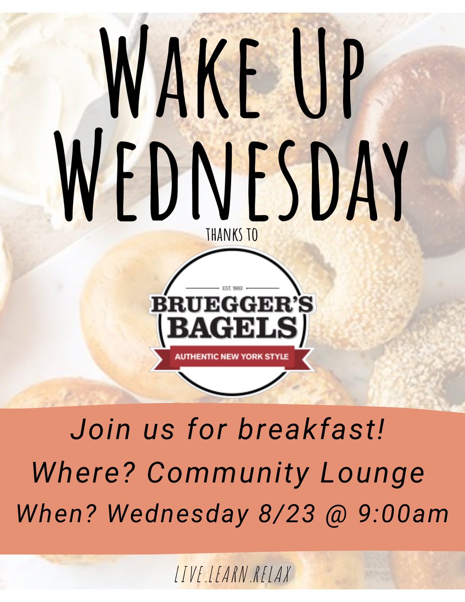 CollegeSuitesWS's tweet photo. We can’t wait to see y’all bright and early tomorrow morning for @brueggers bagels! 🥯 This is our first Wake Up Wednesday since move-in day, so come see some new faces and meet your #suite neighbors! #livelearnrelax #thesuitelife https://t.co/qgGl7Vrurm
