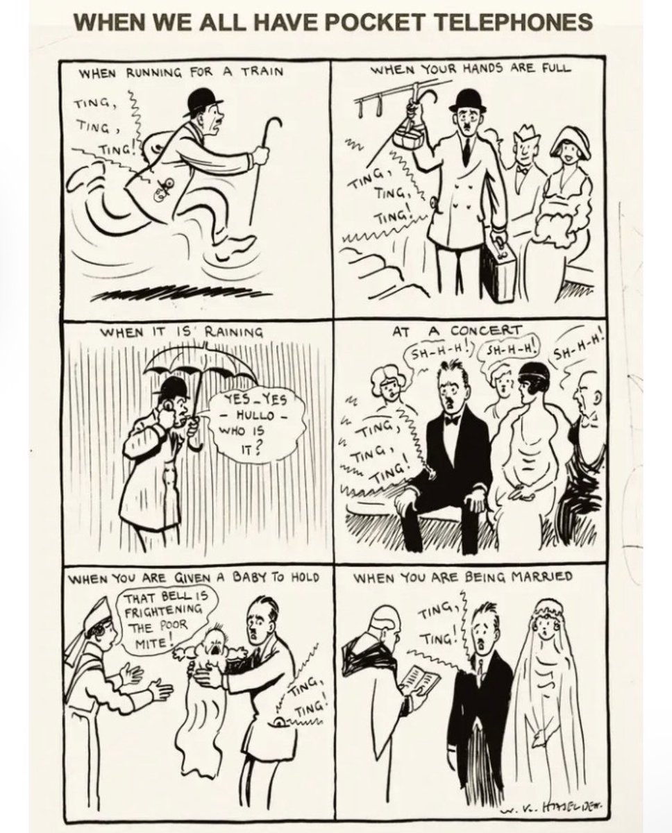 historyinmemes's tweet image. In March 1919, the Daily Mirror newspaper published a cartoon by the English cartoonist and caricaturist, William Kerridge Haselden (1872-1953), predicting the invention - and some of the effects - of the &apos;pocket telephone.&apos;

The cartoon was placed alongside other situations…
