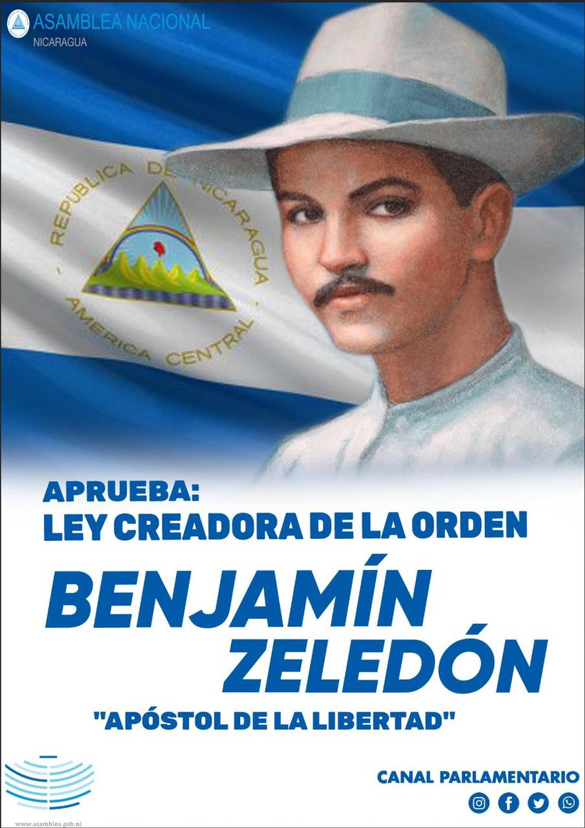 La Asamblea Nacional de #Nicaragua aprobó este martes 22 de agosto la Ley Creadora de la Orden General Benjamín Zeledón “Apóstol de la Libertad”. La más alta condecoración del país.
<a href="/AreMc23/">Are Mendoza</a> <a href="/Martha_Elena16/">🅼🅰🆁🆃🅸🅽🅰 ♥🖤 🐲 🇳🇮</a> 
#FSLNHeroismoVictorioso