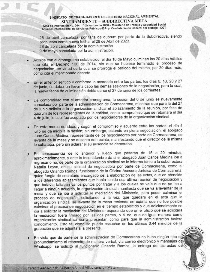 SintrambienteNa's tweet photo. La JDN rechaza las dilaciones al proceso de negociación del pliego de solicitudes que viene adelantando la administración de @CORMACARENA en cabeza de su director Arq. Andrés Felipe García quien de manera reiterativa ha venido aplazando la mediación con el @MintrabajoCol https://t.co/vpaRHyRQwK