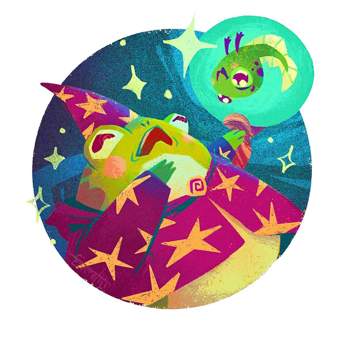Turns out, once you start making frog guys, they just keep spawning! This is Frog Wizard with his tad-pole, a commissioned Twitch icon. What ancient mystical secrets lie behind those wisened eyes? 🐸🪄✨
#Frog #frogs #Wizardry #fantasyart