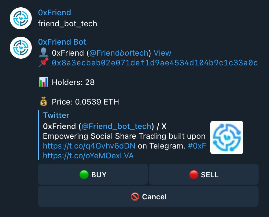 Friend_bot_tech's tweet image. Pushed another updated to our #0xF bot. You can just type a username in the bot and it will fire up the trading terminal! [ V0.2 ] — (don’t use the @ just type a username in and it’ll instant pop up to buy or sell shares)