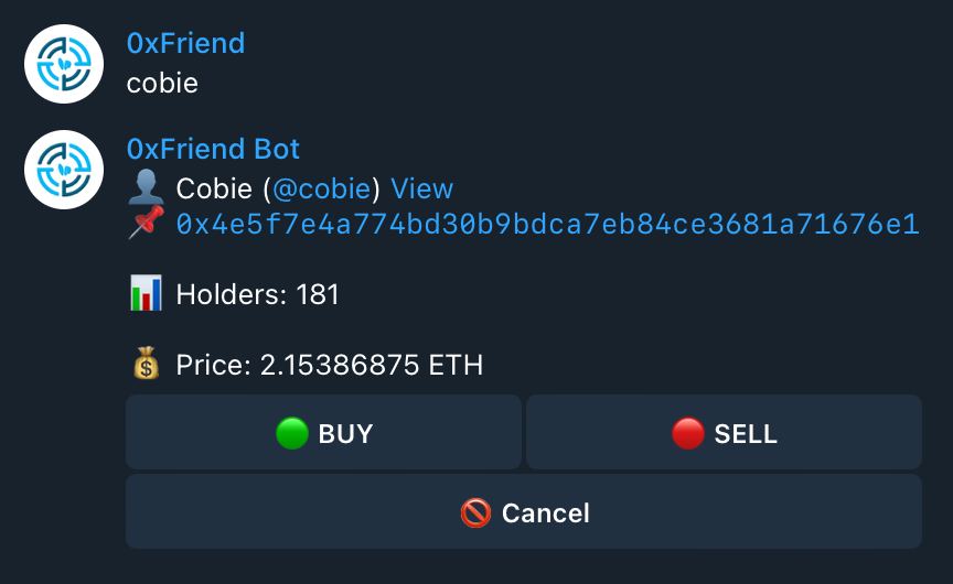 Friend_bot_tech's tweet image. Pushed another updated to our #0xF bot. You can just type a username in the bot and it will fire up the trading terminal! [ V0.2 ] — (don’t use the @ just type a username in and it’ll instant pop up to buy or sell shares)