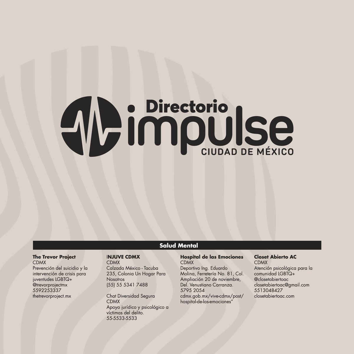 ImpulseCDMX's tweet photo. Les compartimos el #DirectorioImpulseCDMX2023 en colaboración con @LGBTQ_Multitask 

Dividido en los siguientes apartados:
🧠♥#SaludMental
🏠🌈#Alojamiento
🍆🍑#SaludSexual
🏳️‍🌈🏳️‍⚧️#CírculosDeApoyo

Te invitamos a revisar la versión digital: https://t.co/PL7RSIK3Jk

#SomosImpulse https://t.co/IjBkZYq0EU