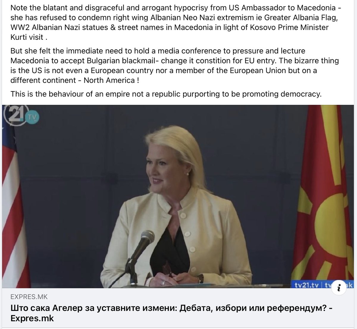 Note the blatant &amp; disgraceful hypocrisy from US Ambassador to #Macedonia - she has refused to condemn right wing Albanian Neo Nazi extremism but immediately felt the need to comment &amp; pressure Macedonians to accept Bulgar blackmail. 
<a href="/Cvetin/">Cvetin Chilimanov //////////</a> <a href="/USAmbNMacedonia/">Ambassador Angela Aggeler</a> <a href="/BillNicholov/">Bill Nicholov</a> <a href="/mhrmi/">Macedonian Human Rights Movement International</a>