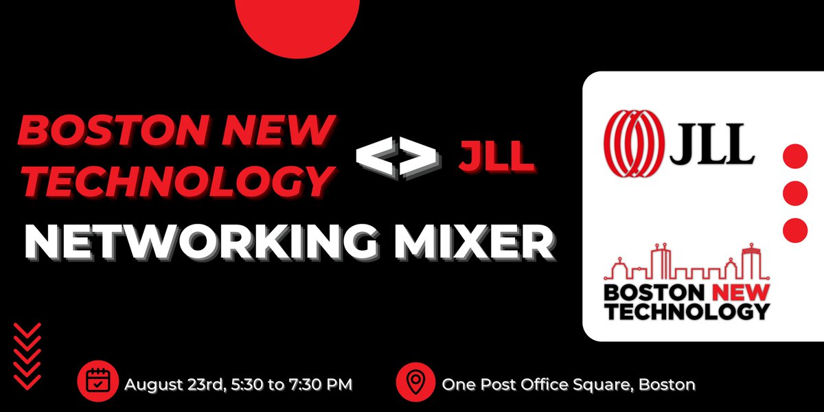 BostonNewTech's tweet image. Don&apos;t miss the Boston New Technology &amp;amp; JLL Networking Mixer tomorrow at 7:30 pm! 🌟 Connect with tech pros and entrepreneurs at One Post Office, Boston. Expand your network and discover new opportunities. 
RSVP: lnkd.in/efyW7p7q
#BostonTech #NetworkingMixer