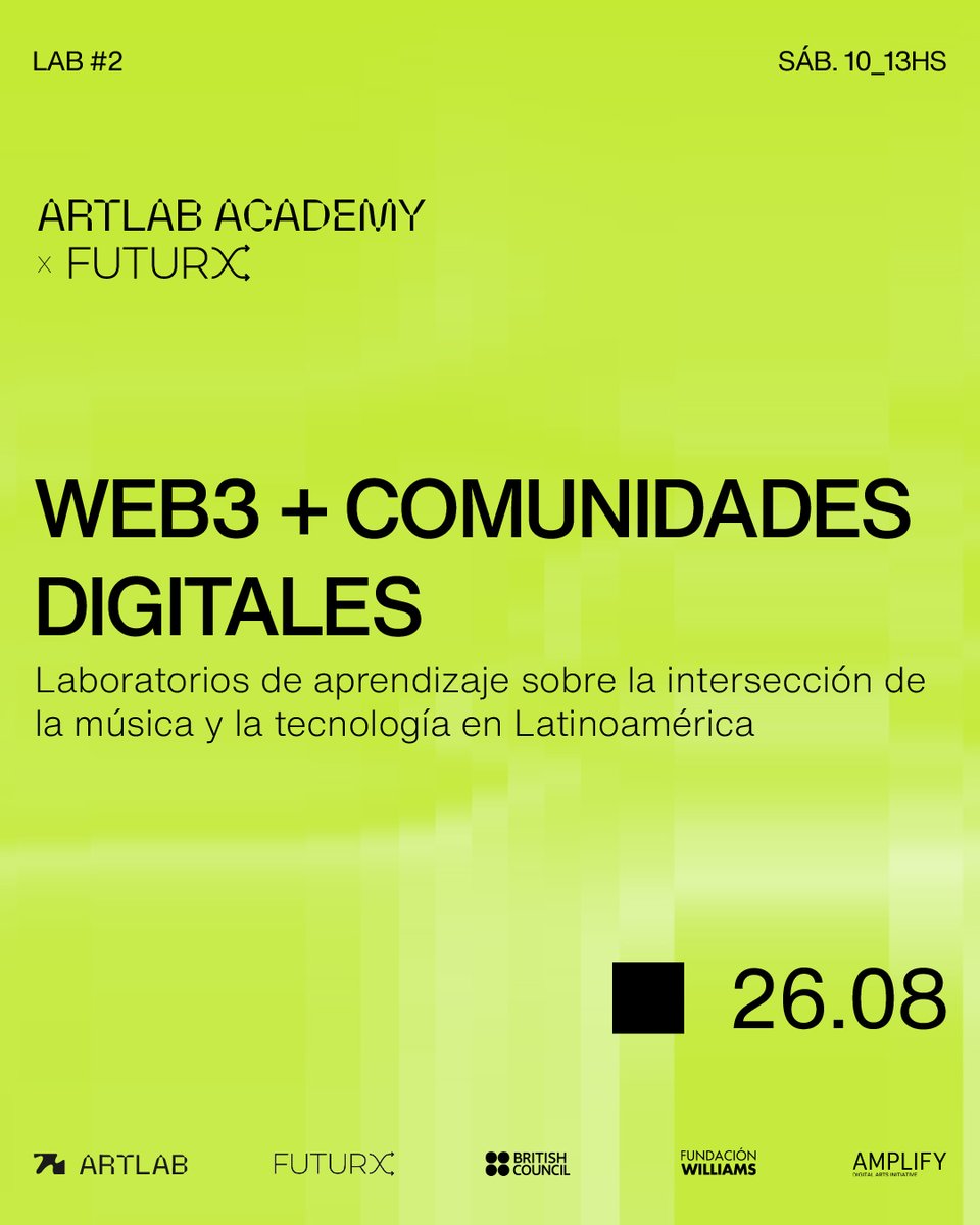futurx__'s tweet image. ¡Este 📌sábado 26.8 tenemos el #Lab2 de #Artlab Academy x FUTURX 2023!

Nos reunimos para poner foco en el cambio de paradigma a partir de la #web3 y discutir las nuevas posibilidades para las #comunidadesdigitales en la música.