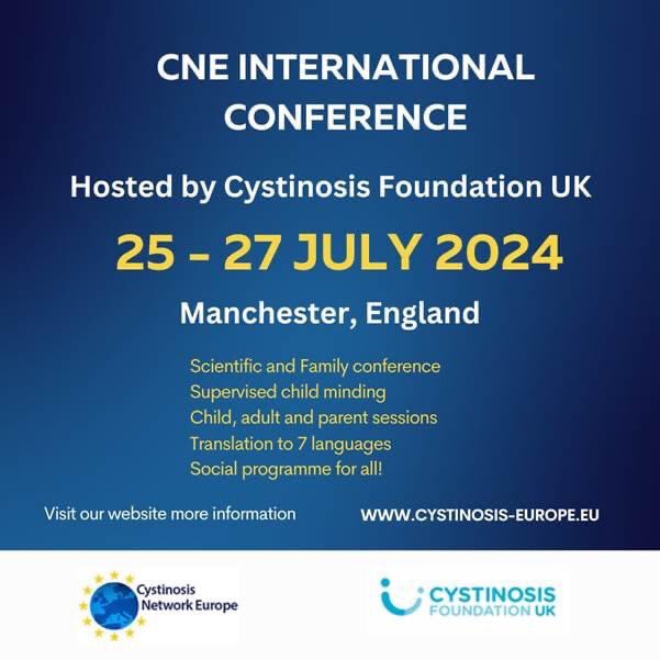 SAVE THE DATE The 2024 CNE International Cystinosis Conference will be hosted by @CystinosisUK in Manchester, England. Scientific meeting on 25th July followed by family meeting on 26th and 27th July. cystinosis-europe.eu