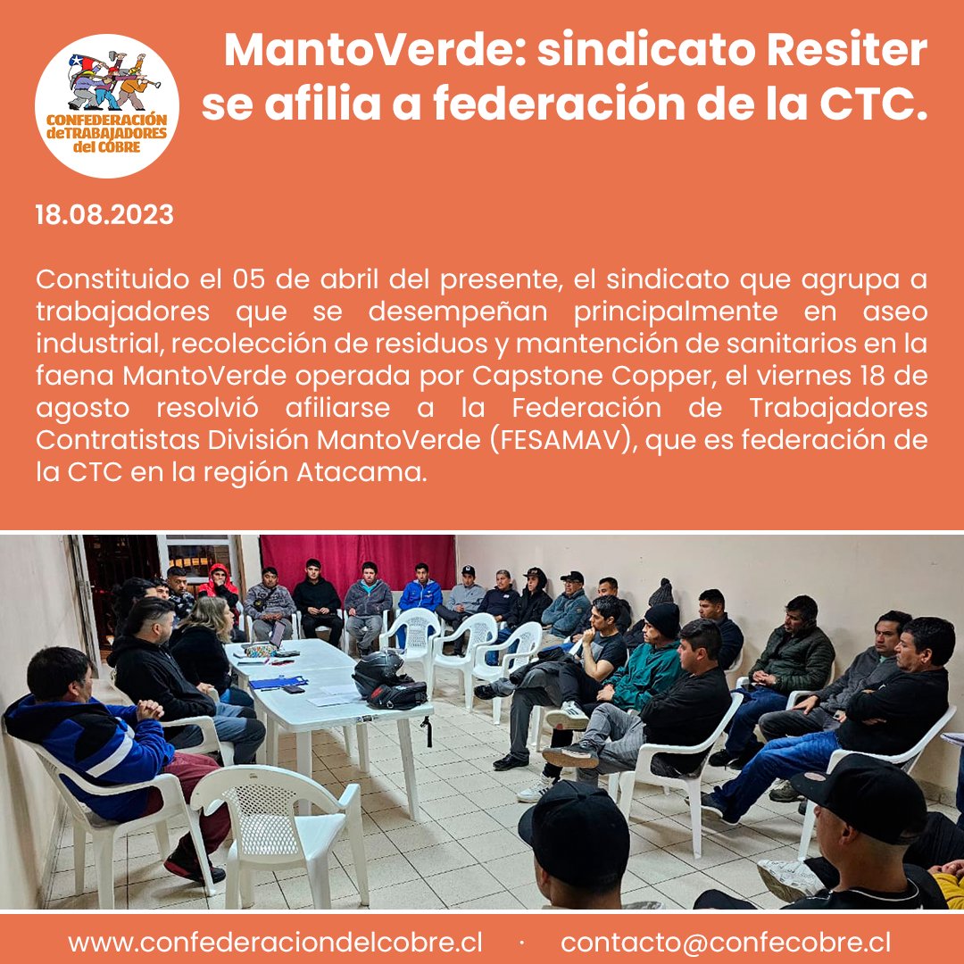 ConfeCobre's tweet photo. El sindicato q agrupa a trab's q se desempeñan en aseo industrial, recolección de residuos y mantención de sanitarios #MantoVerde operada x #CapstoneCopper, resolvió afiliarse a la #FESAMAV q es federación de la CTC en la reg #Atacama| Nota completa 👉🏼 https://t.co/eAHw8sAr4J https://t.co/DZpavvd83x