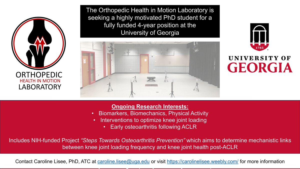 Caroline Lisee (@carolinelisee) on Twitter photo Our lab is seeking a PhD student for a 4-year fully funded position at the University of Georgia
✔️knee joint loading
✔️early osteoarthritis
✔️ fear and pain
Contact me for more information!Retweets are greatly appreciated! <a href="/atoac/">ATOAC</a> <a href="/BiomechanicsDay/">National Biomechanics Day</a> <a href="/AWBiomechanics/">Advancing Women in Biomechanics</a> <a href="/AmSocBiomech/">American Society of Biomechanics</a> Our lab is seeking a PhD student for a 4-year fully funded position at the University of Georgia
✔️knee joint loading
✔️early osteoarthritis
✔️ fear and pain
Contact me for more information!Retweets are greatly appreciated! <a href="/atoac/">ATOAC</a> <a href="/BiomechanicsDay/">National Biomechanics Day</a> <a href="/AWBiomechanics/">Advancing Women in Biomechanics</a> <a href="/AmSocBiomech/">American Society of Biomechanics</a>